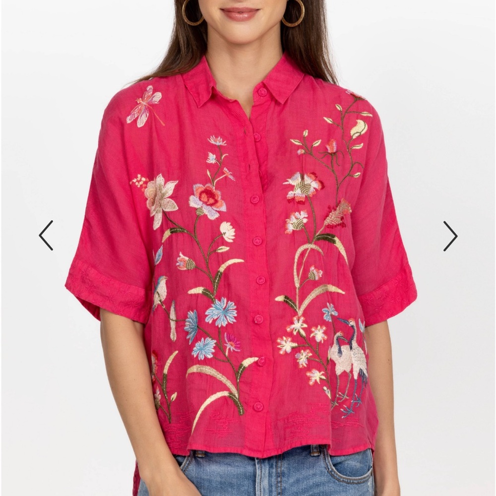 JOHNNY WAS GENIVEVE RELAXED DOLMAN SHIRT Embroidered Pink Floral size XS
